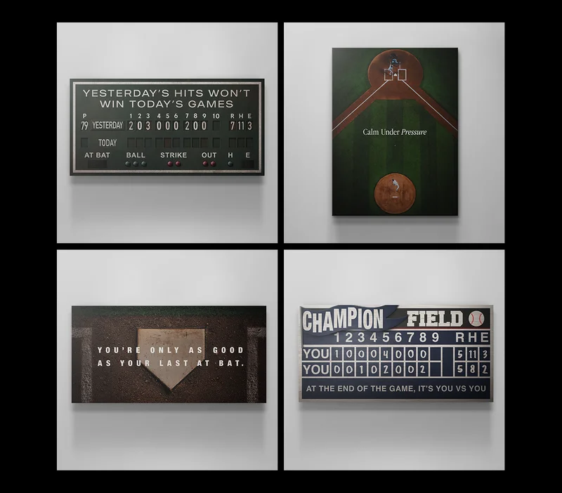 A set of four motivational baseball-themed wall art canvases. Top left: a scoreboard graphic with the phrase “Yesterday’s Hits Won’t Win Today’s Games.” Top right: an overhead aerial view of a baseball diamond with the text “Calm Under Pressure.” Bottom left: a close-up of home plate on a dirt field with the words “You’re Only As Good As Your Last At Bat.” Bottom right: a vintage-style scoreboard design that reads “Champion Field” with the phrase “At the End of the Game, It’s You vs You.” A set of four motivational baseball-themed wall art canvases. Top left: a scoreboard graphic with the phrase “Yesterday’s Hits Won’t Win Today’s Games.” Top right: an overhead aerial view of a baseball diamond with the text “Calm Under Pressure.” Bottom left: a close-up of home plate on a dirt field with the words “You’re Only As Good As Your Last At Bat.” Bottom right: a vintage-style scoreboard design that reads “Champion Field” with the phrase “At the End of the Game, It’s You vs You.”
