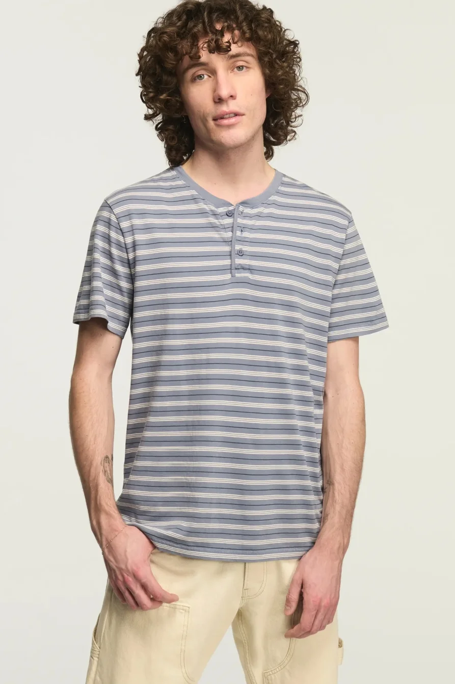 Image of Lucky Brand Stripe Supima Short Sleeve Henley - Men's Clothing Tops Tees Henley Shirt in Blue Multi