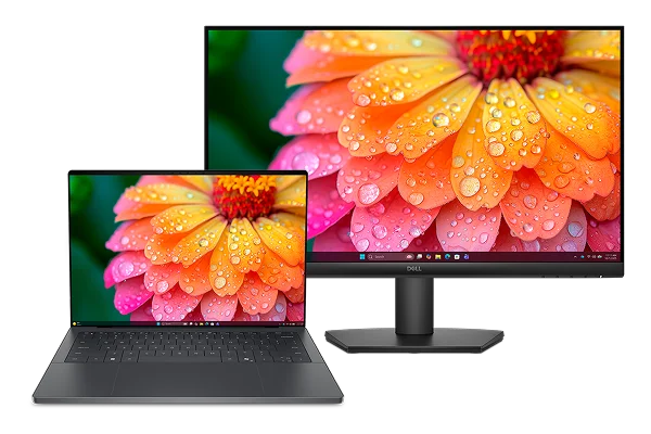 An XPS 14 Laptop computer next to a Dell 24 Monitor.