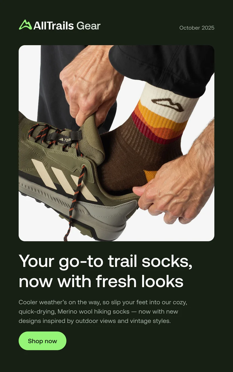 Your go-to trail socks,now with fresh looks.Cooler weather’s on the way, so slip your feet into our cozy, quick-drying, Merino wool hiking socks — now with new designs inspired by outdoor views and vintage styles.
