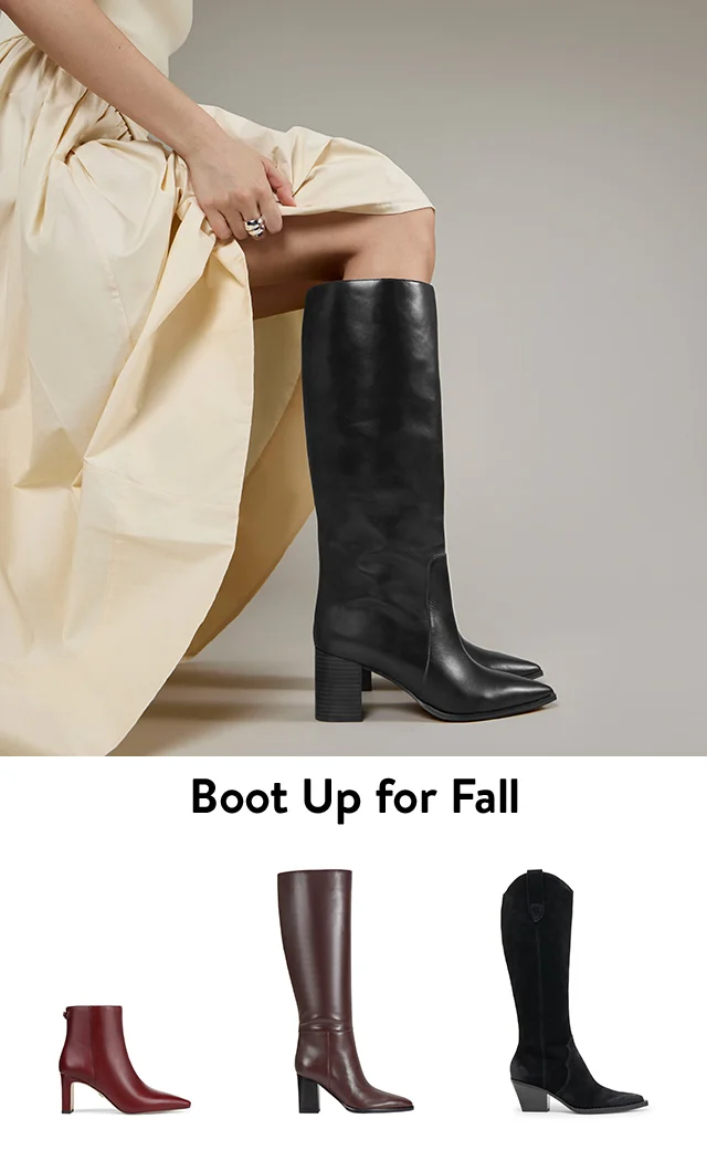 A woman wearing tall boots. A variety of boots in different heights.