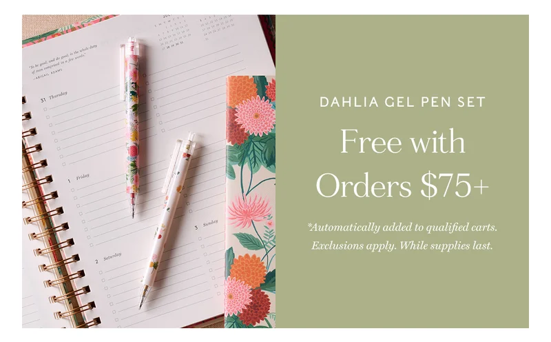 Dahlia Gel Pen Set Free with Orders $75+  *Automatically added to qualified carts. Exclusions apply. While supplies last.