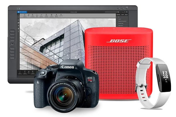 A group of electronic devices, including Wacom tablet, a Nikon digital camera, a Bose speaker and a smart watch.