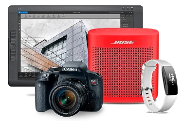 A group of electronic devices, including Wacom tablet, a Nikon digital camera, a Bose speaker and a smart watch.