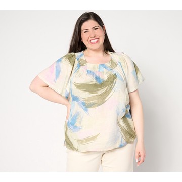 Denim & Co. Naturals Linen Blend Flutter Sleeve Smocked Blouse