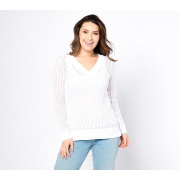 Denim & Co. Cotton Open-Stitch Long-Sleeve V-Neck Sweater