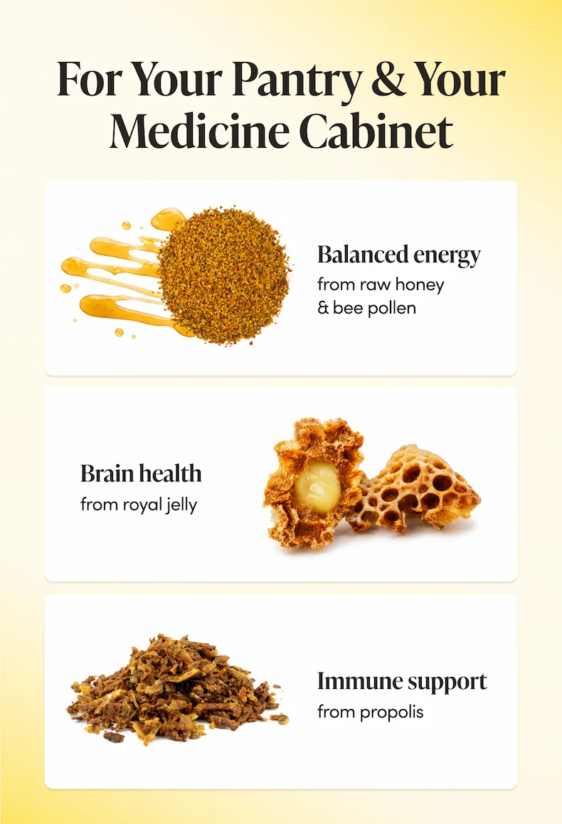 For Your Pantry & Your Medicine Cabinet   Balanced energy  from raw honey & bee pollen   Brain health  from royal jelly  Immune support   from propolis