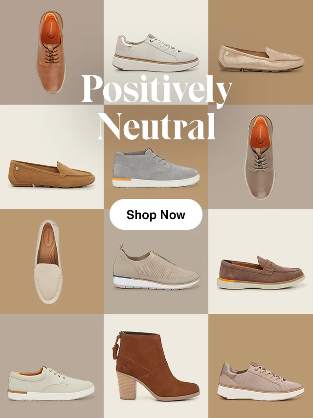 Colorblock background with 12 neutral men's and women's stylish comfort shoes. Shop men's and women's shoes.