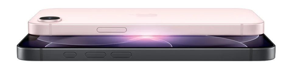 iPhone 17e, back exterior, soft pink color, Fusion camera system, Apple logo in center, Side button, front exterior, black color, all screen design, notch with TrueDepth camera, thin black display border, buttons: Action, volume up, volume down