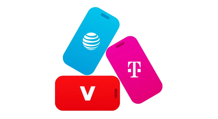 Three playfully stacked iPhone silhouettes with carrier logos over each colored face: AT&T on blue, T-Mobile on pink, Verizon on red