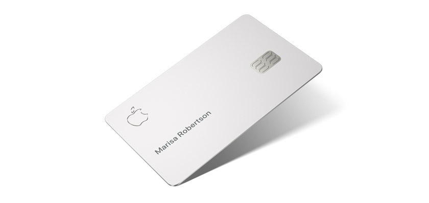 Apple Card, front exterior, silver colored, Apple logo, RFID chip, embossed with Marisa Robertson