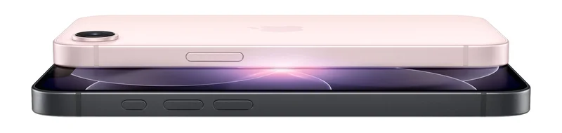 iPhone 17e, back exterior, soft pink color, Fusion camera system, Apple logo in center, Side button, front exterior, black color, all screen design, notch with TrueDepth camera, thin black display border, buttons: Action, volume up, volume down