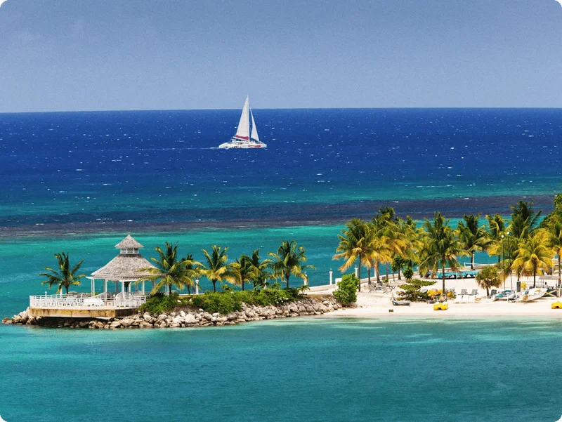Image Description: A white yacht sailing past an inlet lined with palm trees in Jamaica on a sunny day