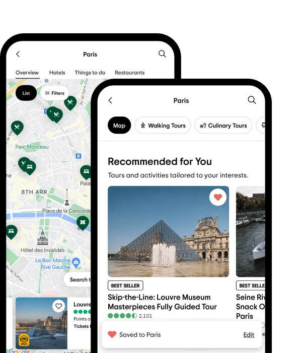 Image Description: Two phones showing a map of Paris and a tour that’s saved to Trips, Tripadvisor’s planning tool