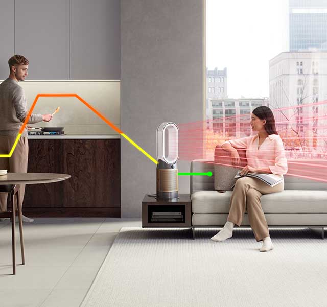 A man and woman relax at home with their Dyson purifier heater.
