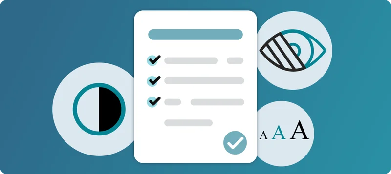 Graphic of a checklist with three completed tasks, surrounded by three accessibility-related icons: color contrast, visual impairment, and large text