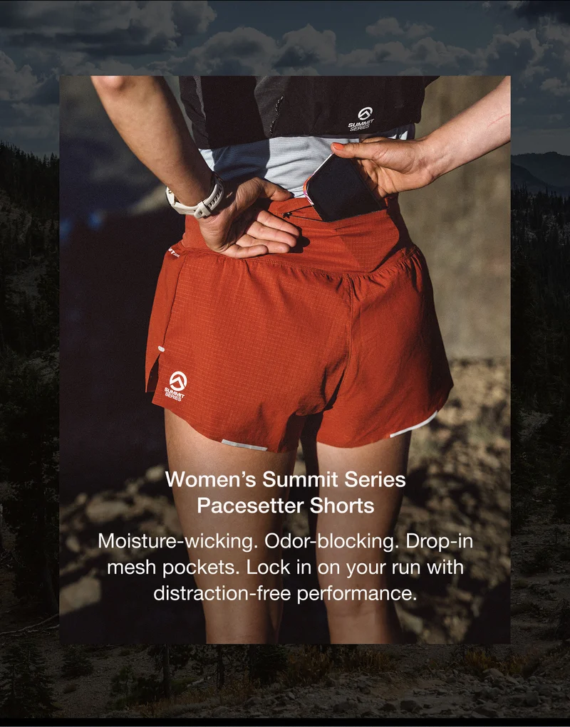 Women’s Summit Series Pacesetter Shorts. Moisture-wicking. Odor-blocking. Drop-in mesh pockets. Lock in on your run with distraction-free performance.