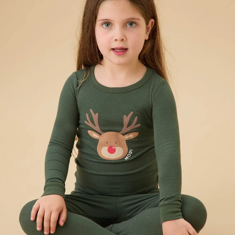 Image of Reindeer Ribbed Pajama Set