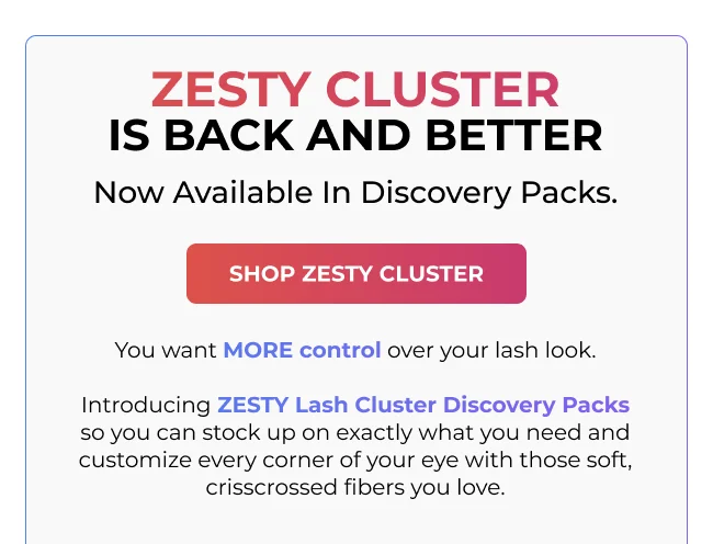 White section with large headline “Zesty Cluster Is Back and Better” and subtext “Now Available In Discovery Packs,” plus a pink button reading “Shop Zesty Cluster.”