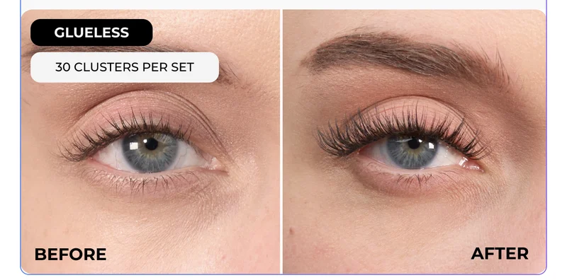Side-by-side close-up image of eyes labeled “Before” and “After,” with badges reading “Glueless” and “30 Clusters Per Set.”