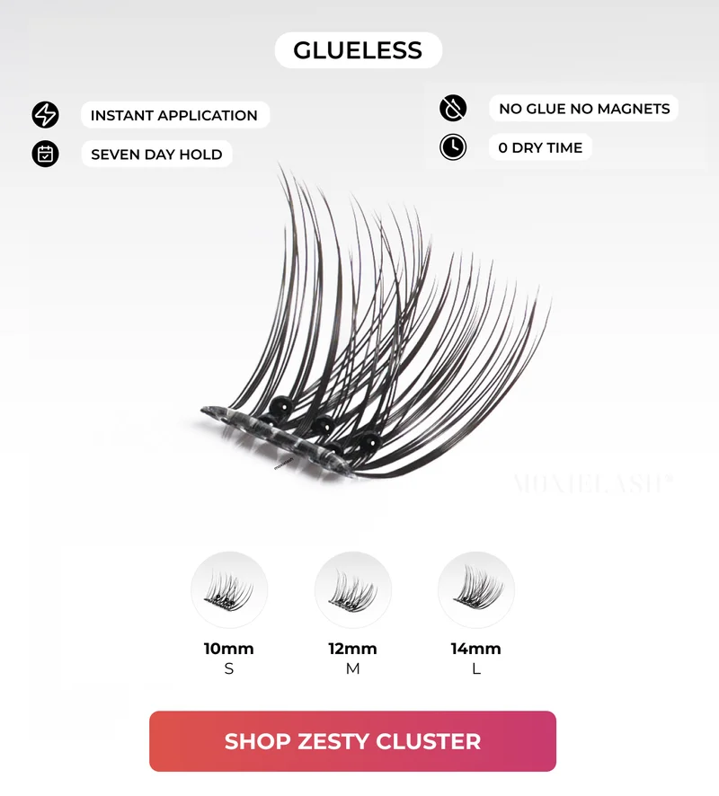 White section labeled “Glueless” featuring a close-up lash image and benefit icons reading “Instant Application,” “Seven Day Hold,” “No Glue No Magnets,” and “0 Dry Time,” with size options 10mm, 12mm, and 14mm and a “Shop Zesty Cluster” button.