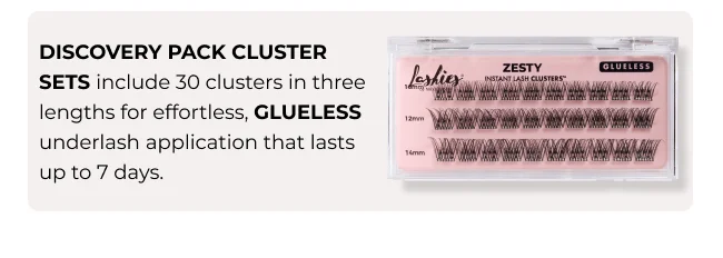 White section titled “Discovery Pack Cluster Sets” explaining 30 clusters in three lengths with glueless wear up to 7 days, alongside an image of the Zesty cluster pack showing 12mm and 14mm rows.