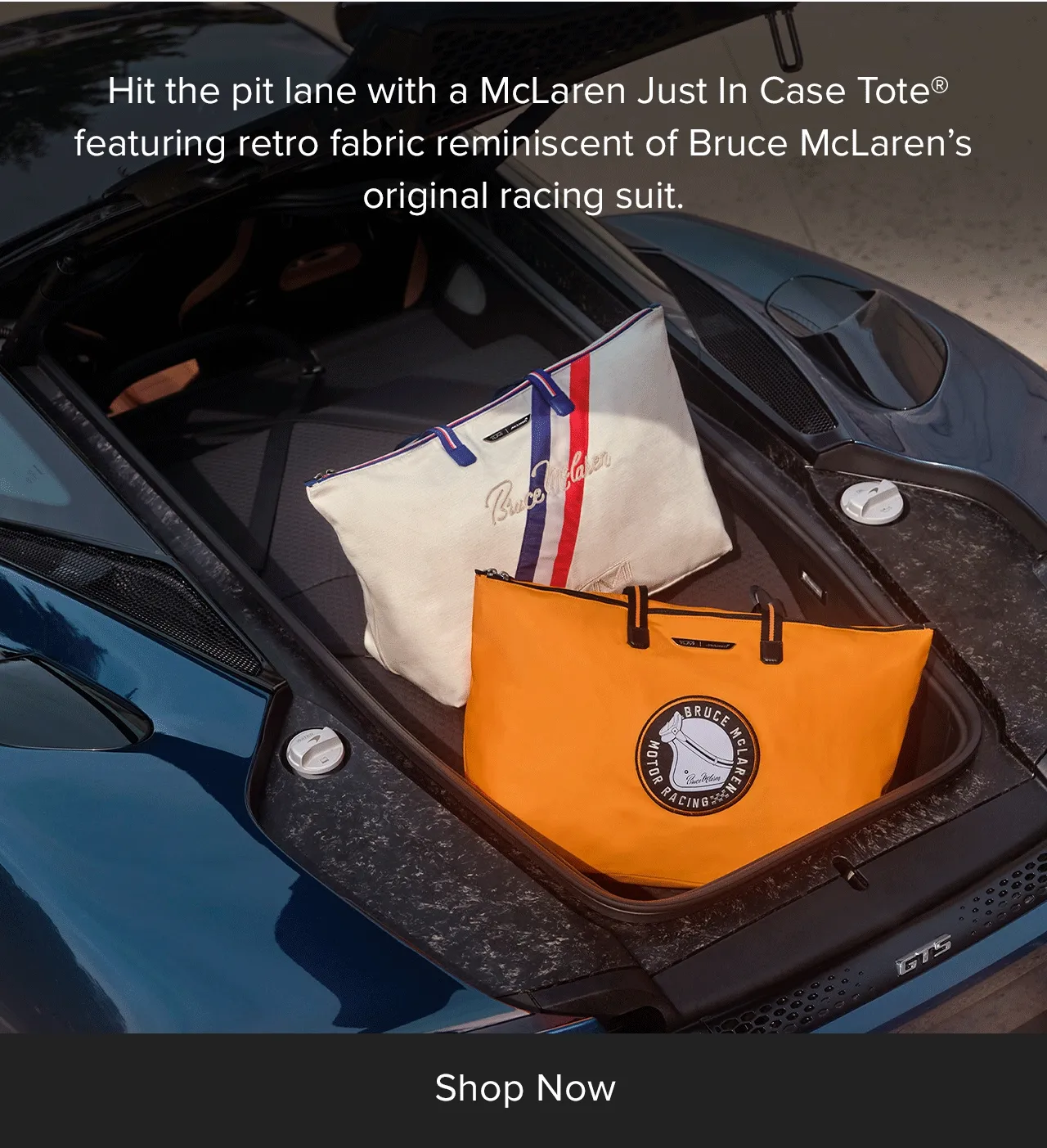 Hit the pit lane with a McLaren Just in Case Tote, featuring retro fabric reminiscent of Bruce McLaren's original racing suit.
