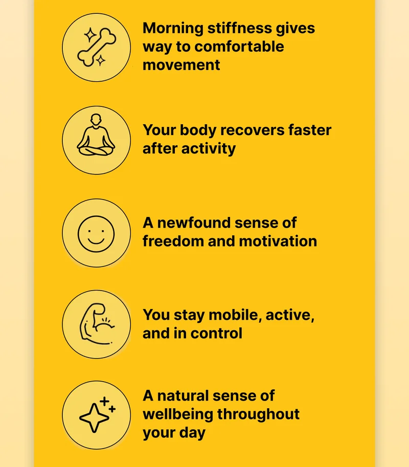 ✔️ Morning stiffness gives way to comfortable movement  ✔️ Your body recovers faster after activity  ✔️ A newfound sense of freedom and motivation ✔️ You stay mobile, active, and in control  ✔️ A natural sense of wellbeing throughout your day