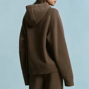 Chest Varsity Oversized Knit Hoodie - Dark Cocoa Brown/Marshmallow White