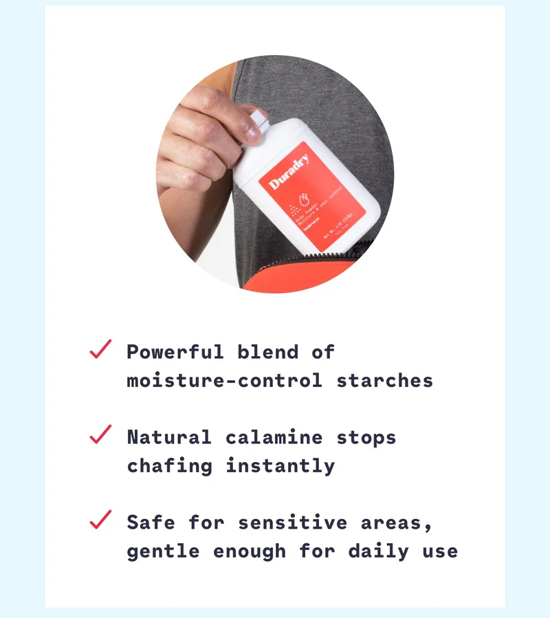 Powerful blend of  moisture-control starches  Natural calamine stops chafing instantly  Safe for sensitive areas, gentle enough for daily use