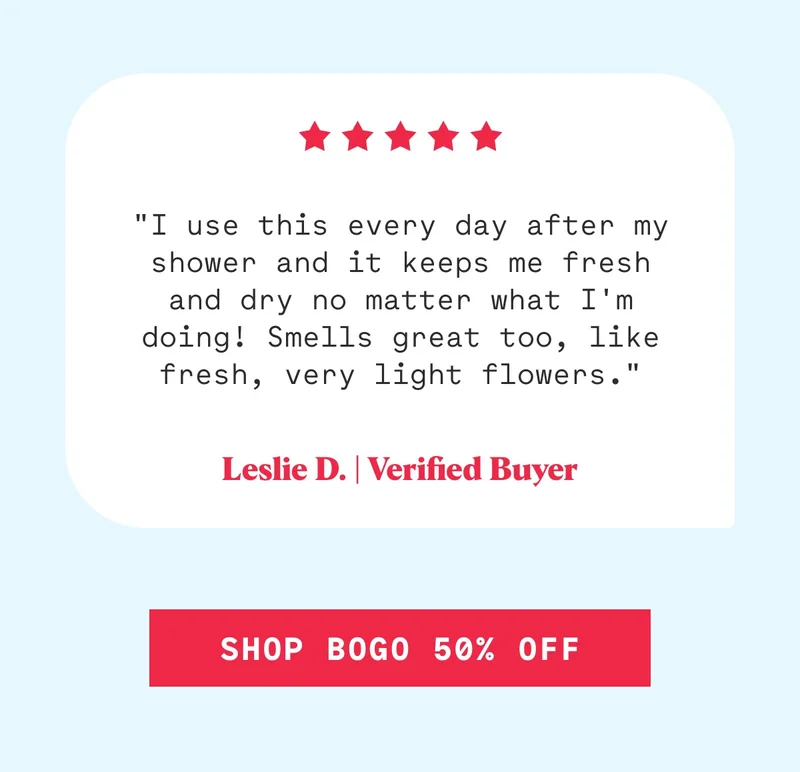 "I use this every day after my shower and it keeps me fresh and dry no matter what I'm doing! Smells great too, like fresh, very light flowers." Leslie D. | Verified Buyer Shop BOGO 50% Off