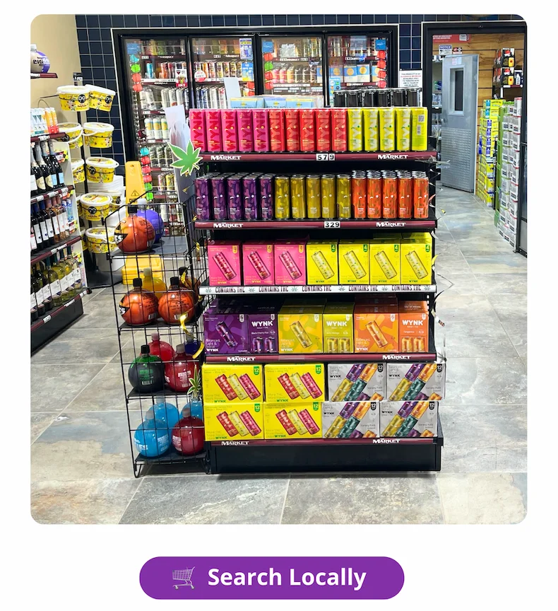 Search Locally for Wynk. (A photo of a shelf in a beverage store with a display of all the flavors of Wynk.)