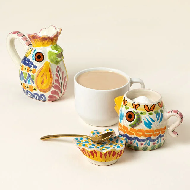 Majolica Rooster Creamer & Sugar Jar