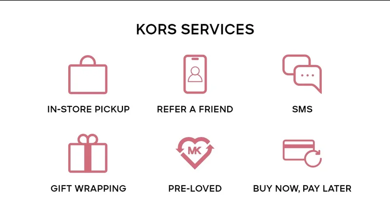 KORS SERVICES IN-STORE PICKUP | REFER A FRIEND | SMS GIFT WRAPPING | PRE-LOVED | BUY NOW, PAY LATER