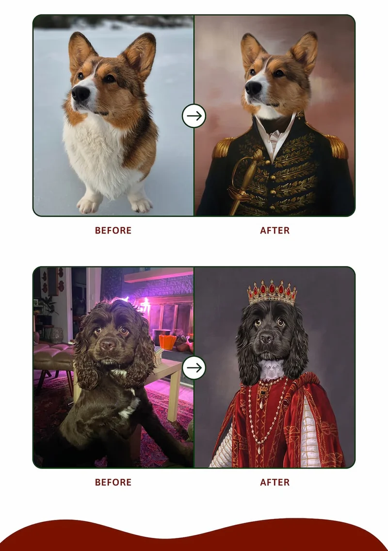 Before > after images of Renaissance Pet Portraits