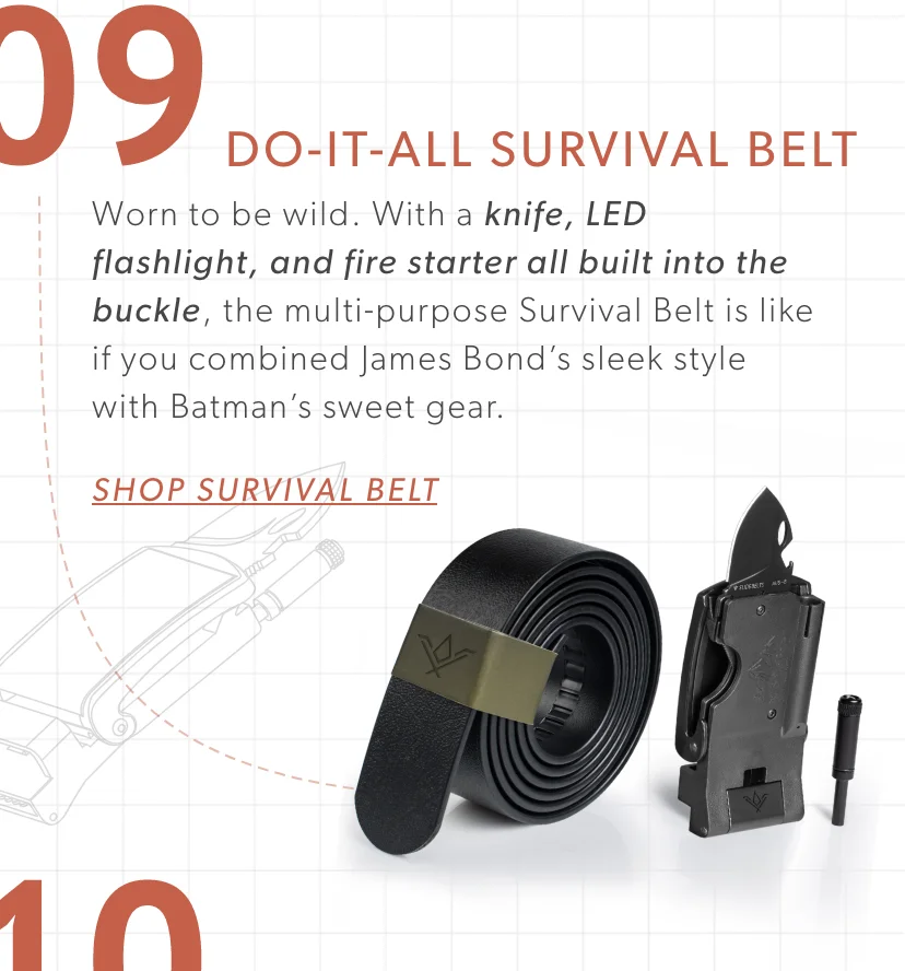 Survival Belt. Worn to be wild. With a knife, LED flashlight, and fire starter all built into the buckle, the multi-purpose Survival Belt is like if you combined James Bond’s sleek style with Batman’s sweet gear.