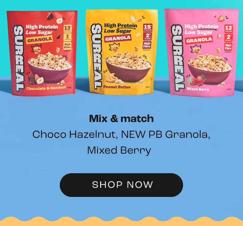 Mix & match Choco Hazelnut, NEW PB Granola, Mixed Berry,
