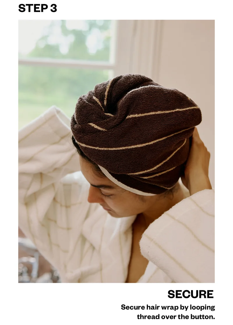 STEP 3 (SECURE): Secure hair wrap by looping thread over the button.