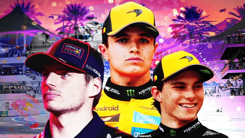 Image may contain: Lando Norris, Max Verstappen, Oscar Piastri, Baseball Cap, Cap, Clothing, Hat, People, and Person