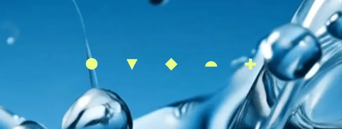 Animated GIF showing blue liquid motion with yellow geometric symbols—a circle, downward triangle, diamond, half circle, and plus sign—appearing in sequence over the background.
