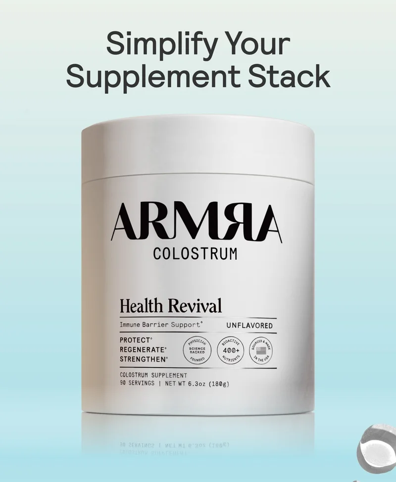 ARMRA Colostrum Health Revival container with text ‘Simplify Your Supplement Stack’ above.