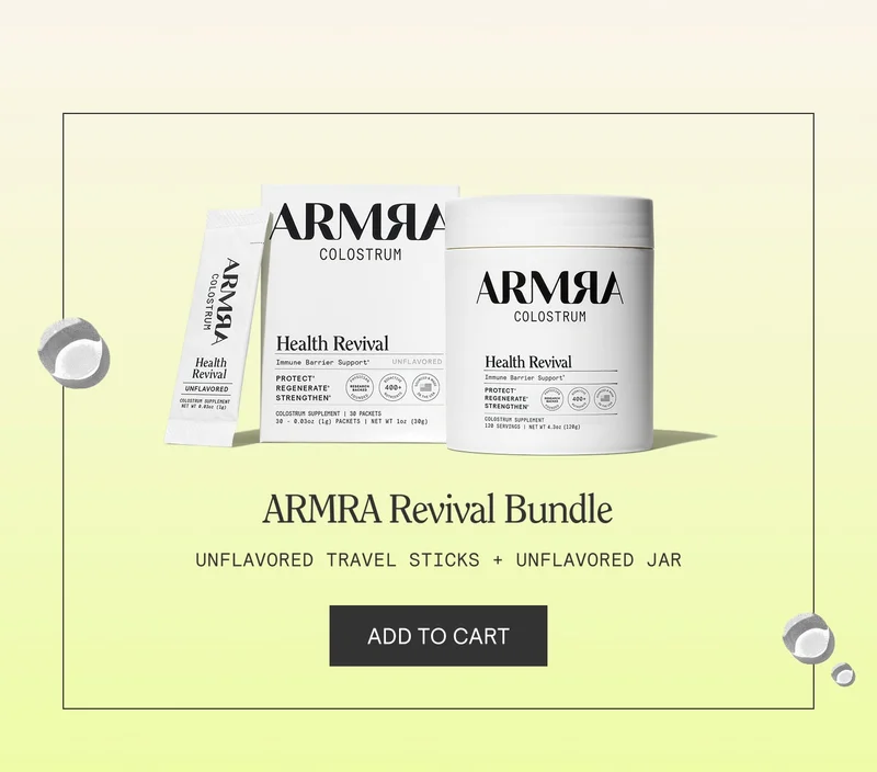 ARMRA Revival Bundle showing unflavored travel sticks and jar with ‘Add to Cart’ button.