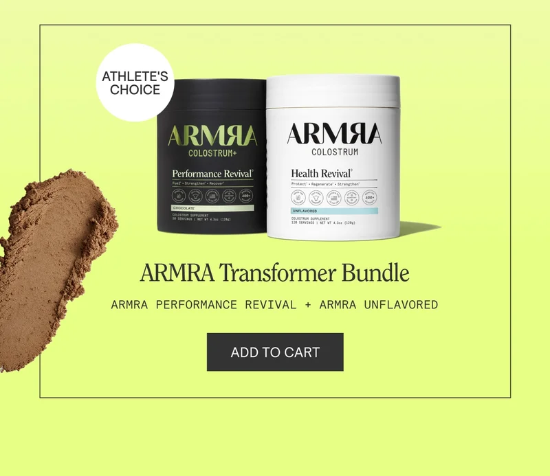 ARMRA Transformer Bundle featuring Performance Revival chocolate container and Health Revival unflavored jar with ‘Add to Cart’ button.