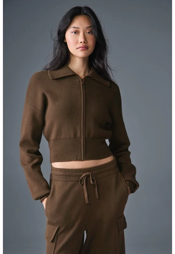 Scholar Knit Cropped Full Zip Jacket - Espresso - Espresso / XS
