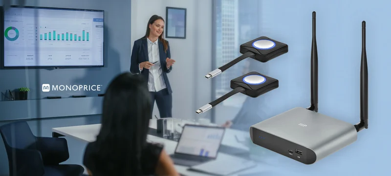 Monoprice One-Click USB-C Wireless 4K Conferencing Presentation System - Screen Mirroring, Instant Meeting Launch, Includes 2 Transmitters, Works with Windows, Mac, iOS, Android, and Miracast