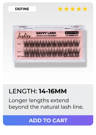 Define style Savvy Lash Clusters in 14-16mm length with 5-star rating - longer lengths extend beyond natural lash line