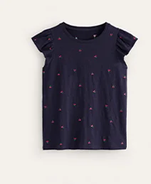 Dora Flutter Sleeve Top - Navy, Cherries
