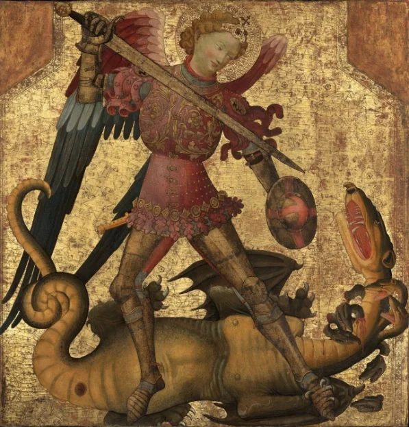 In this Spanish-style work painted in Italy around 1405, the archangel Michael is poised to execute the seven-headed Dragon of the Apocalypse.