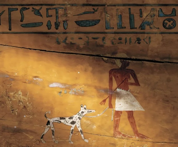 A man leads his dog in a picture on a sarcophagus.