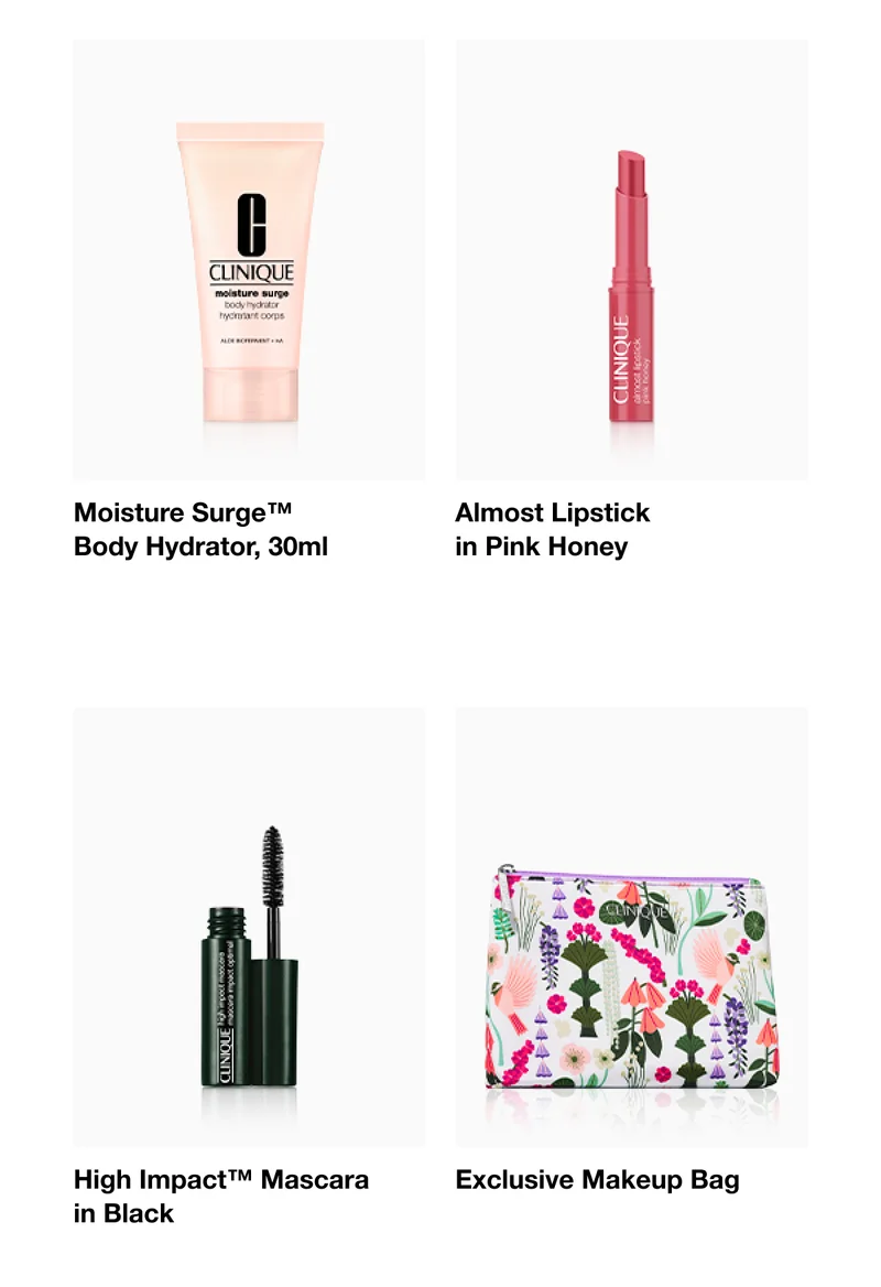 Moisture Surge™ Body Hydrator, 30ml | Almost Lipstick in Pink Honey  | High Impact™ Mascara in Black  | Exclusive Makeup Bag